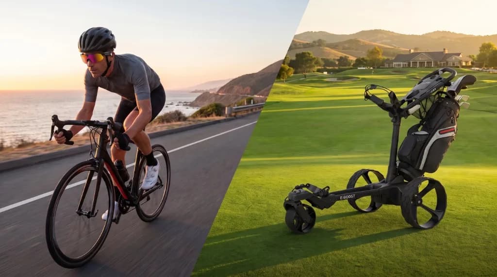 BleeqUp Ranger AI sports camera glasses; MGI Zip X5 electric golf trolley